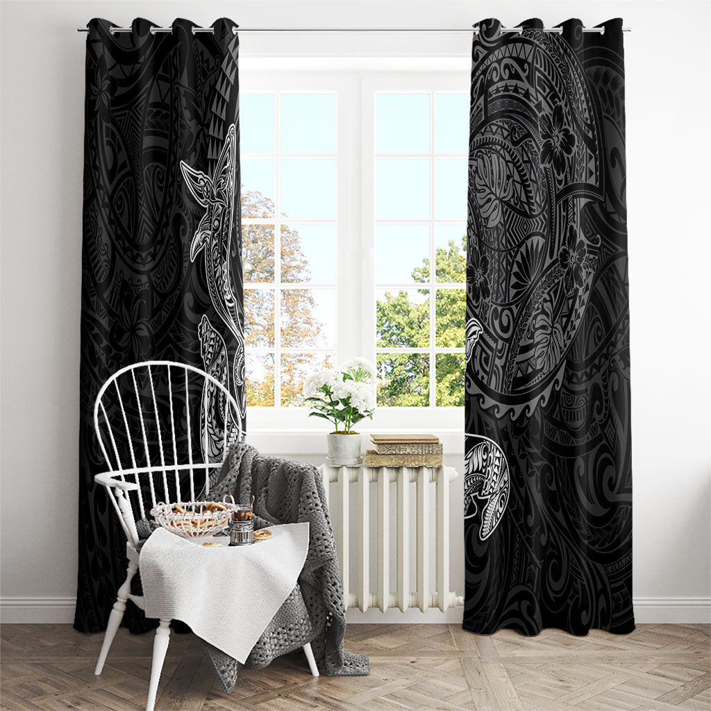 Hawaiian Monk Seal and Whale Window Curtain Kakau Tribal Pattern Grayscale