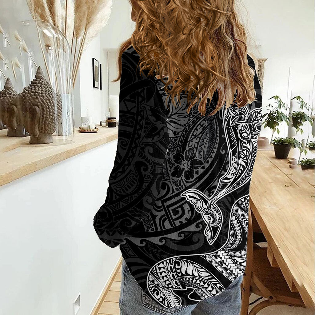 Hawaiian Monk Seal and Whale Women Casual Shirt Kakau Tribal Pattern Grayscale LT03 - Polynesian Pride