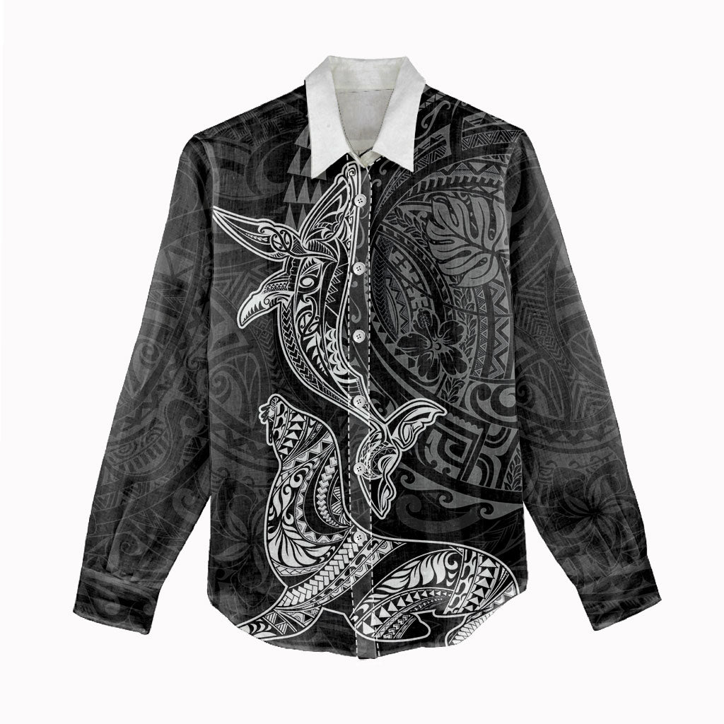 Hawaiian Monk Seal and Whale Women Casual Shirt Kakau Tribal Pattern Grayscale LT03 - Polynesian Pride