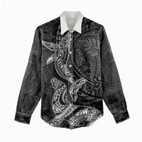 Hawaiian Monk Seal and Whale Women Casual Shirt Kakau Tribal Pattern Grayscale LT03 - Polynesian Pride