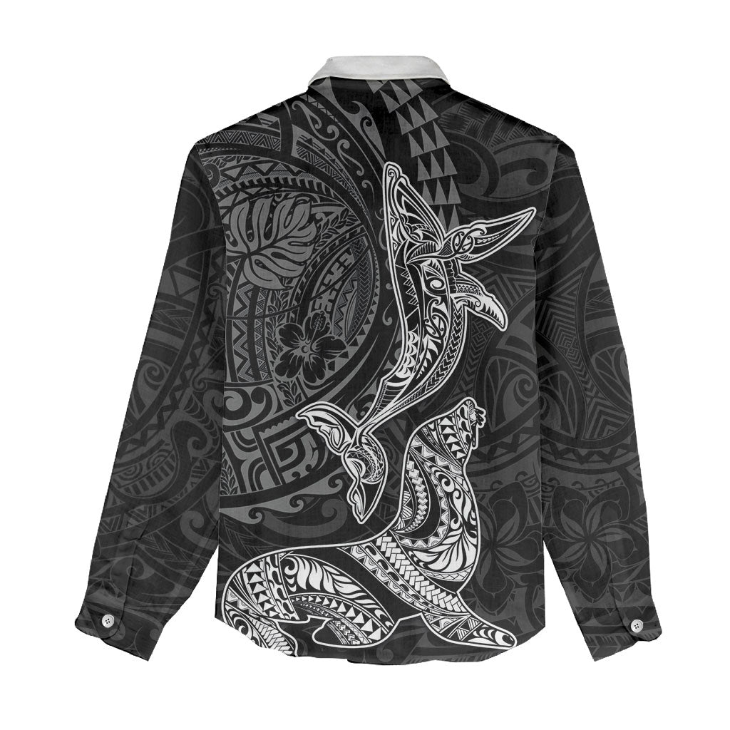 Hawaiian Monk Seal and Whale Women Casual Shirt Kakau Tribal Pattern Grayscale LT03 - Polynesian Pride