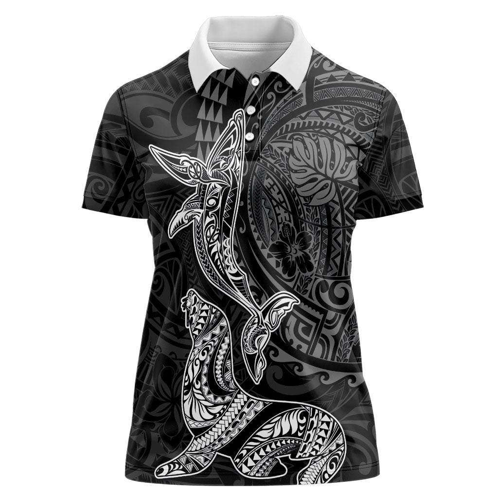 Hawaiian Monk Seal and Whale Women Polo Shirt Kakau Tribal Pattern Grayscale LT03 Female Black - Polynesian Pride