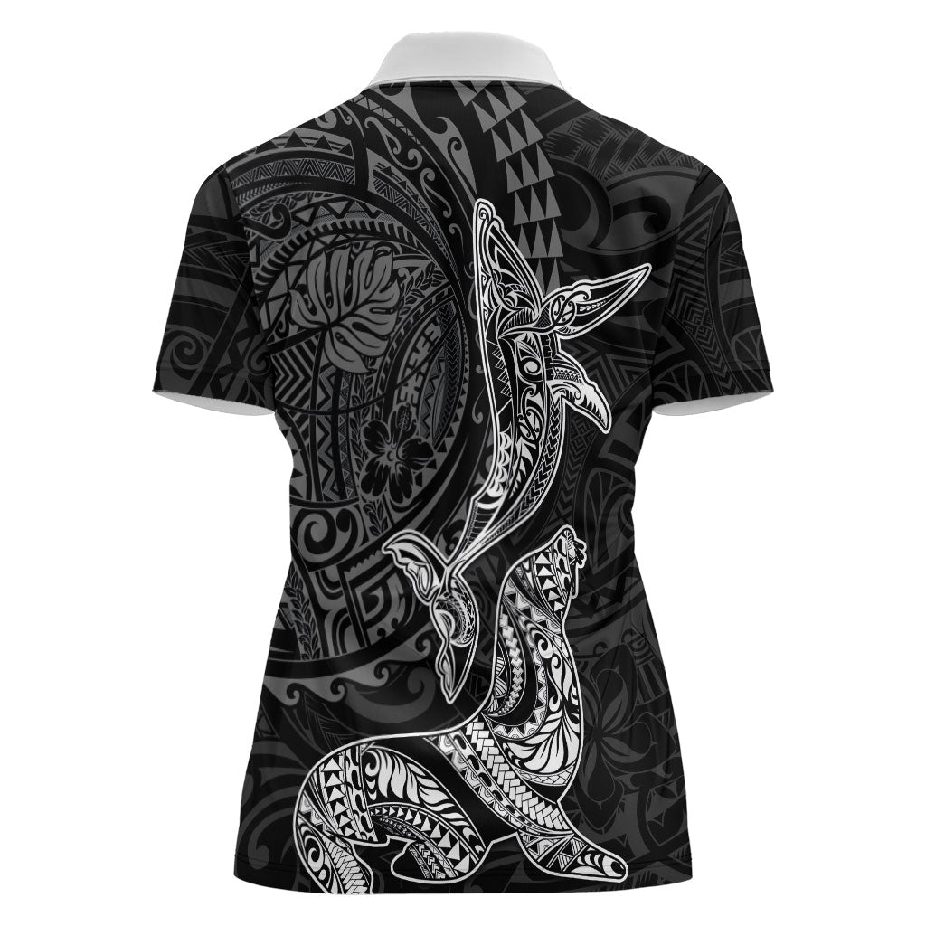Hawaiian Monk Seal and Whale Women Polo Shirt Kakau Tribal Pattern Grayscale LT03 - Polynesian Pride