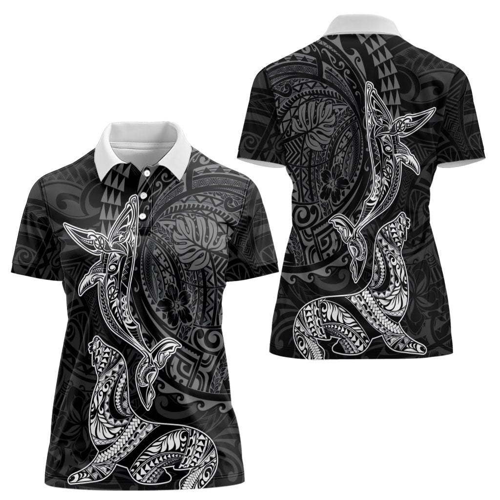 Hawaiian Monk Seal and Whale Women Polo Shirt Kakau Tribal Pattern Grayscale LT03 - Polynesian Pride