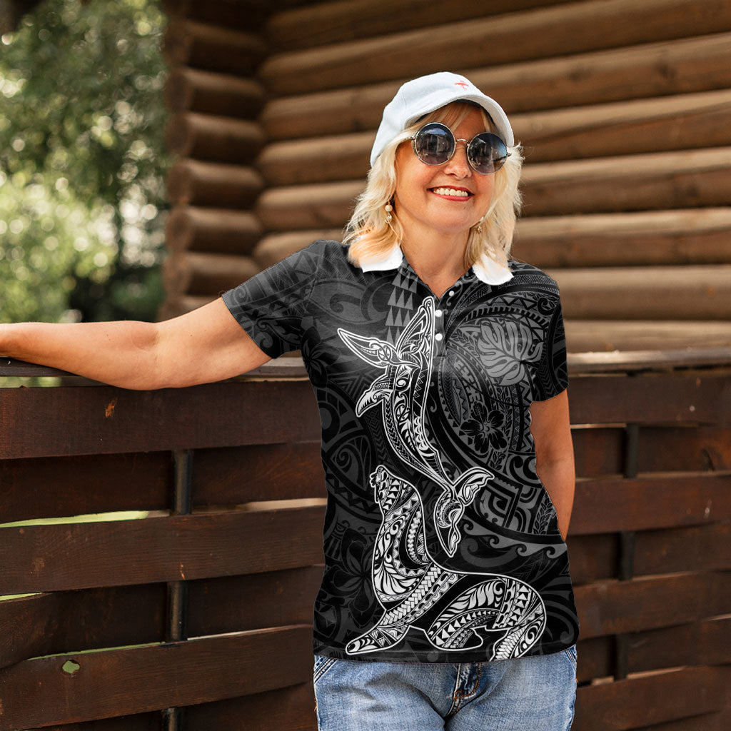 Hawaiian Monk Seal and Whale Women Polo Shirt Kakau Tribal Pattern Grayscale LT03 - Polynesian Pride