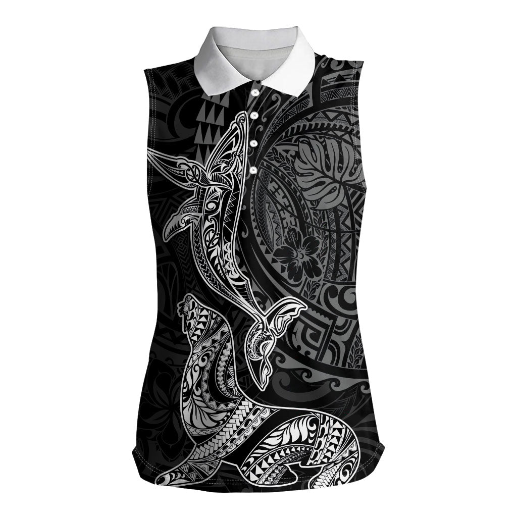 Hawaiian Monk Seal and Whale Women Sleeveless Polo Shirt Kakau Tribal Pattern Grayscale