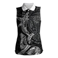 Hawaiian Monk Seal and Whale Women Sleeveless Polo Shirt Kakau Tribal Pattern Grayscale