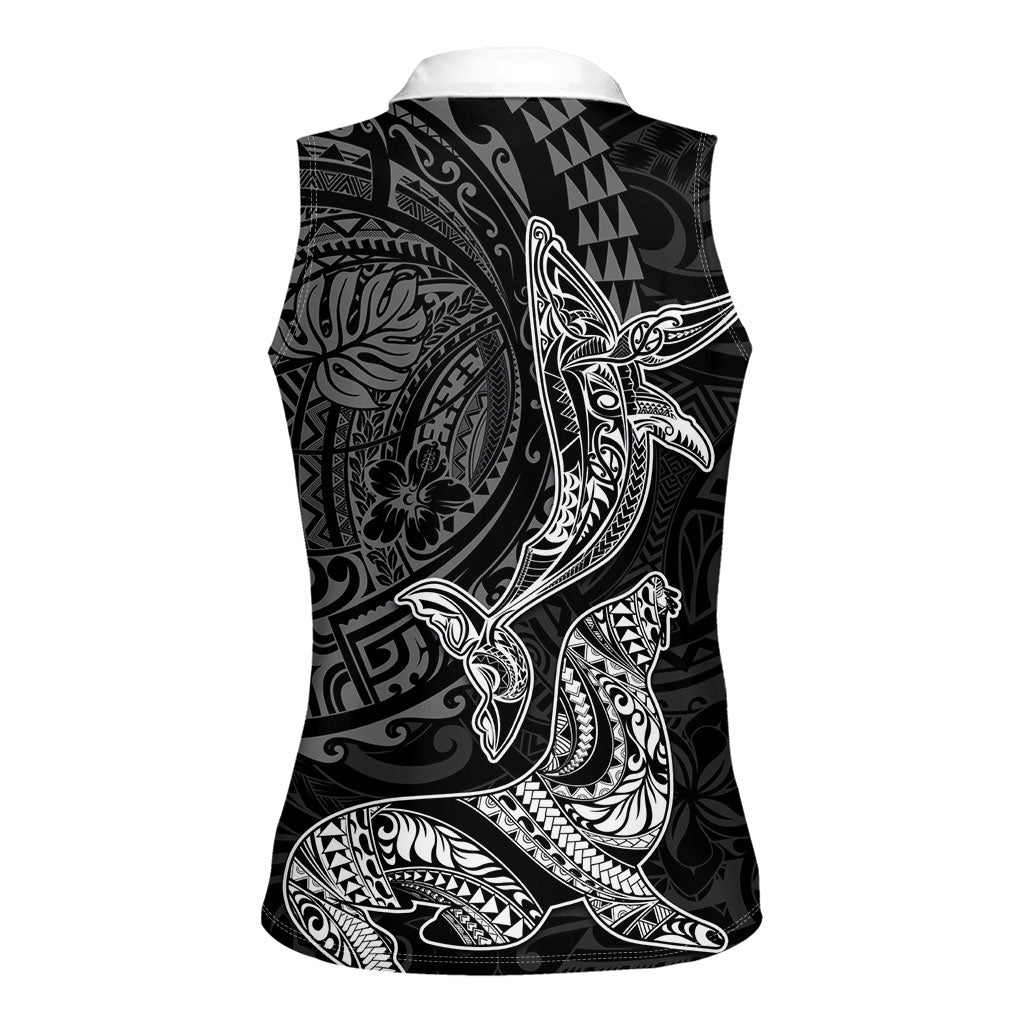 Hawaiian Monk Seal and Whale Women Sleeveless Polo Shirt Kakau Tribal Pattern Grayscale