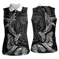 Hawaiian Monk Seal and Whale Women Sleeveless Polo Shirt Kakau Tribal Pattern Grayscale