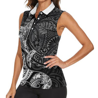 Hawaiian Monk Seal and Whale Women Sleeveless Polo Shirt Kakau Tribal Pattern Grayscale