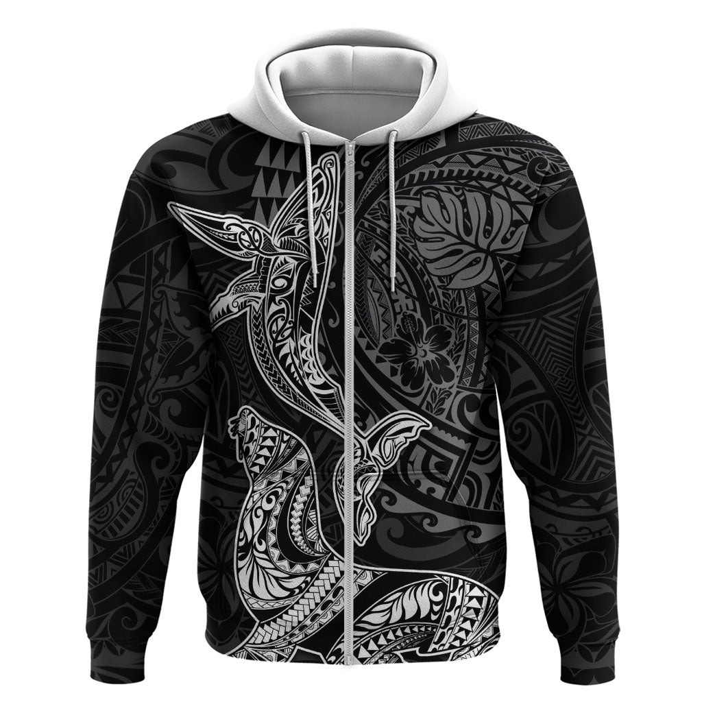 Hawaiian Monk Seal and Whale Zip Hoodie Kakau Tribal Pattern Grayscale LT03 Zip Hoodie Black - Polynesian Pride