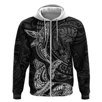 Hawaiian Monk Seal and Whale Zip Hoodie Kakau Tribal Pattern Grayscale LT03 Zip Hoodie Black - Polynesian Pride