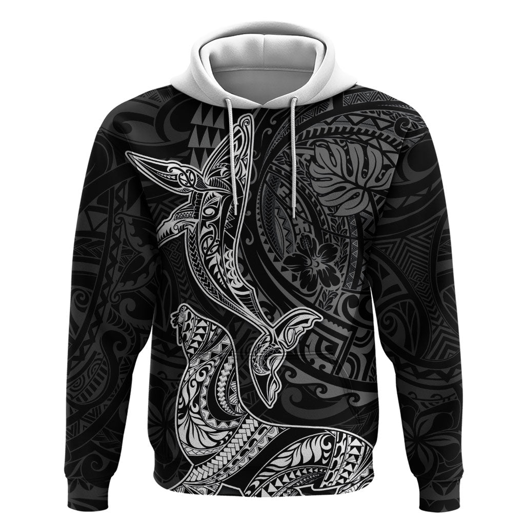 Hawaiian Monk Seal and Whale Zip Hoodie Kakau Tribal Pattern Grayscale LT03 Pullover Hoodie Black - Polynesian Pride