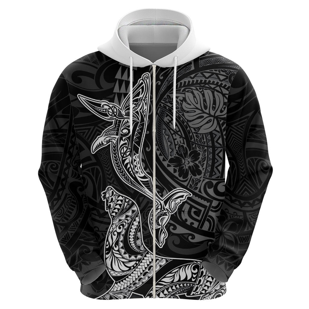 Hawaiian Monk Seal and Whale Zip Hoodie Kakau Tribal Pattern Grayscale LT03 - Polynesian Pride
