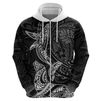 Hawaiian Monk Seal and Whale Zip Hoodie Kakau Tribal Pattern Grayscale LT03 - Polynesian Pride