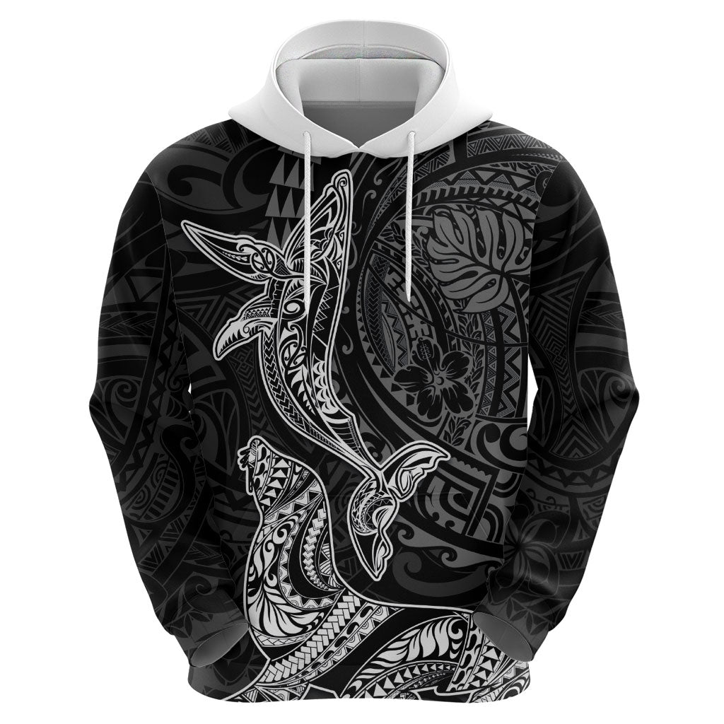 Hawaiian Monk Seal and Whale Zip Hoodie Kakau Tribal Pattern Grayscale LT03 - Polynesian Pride