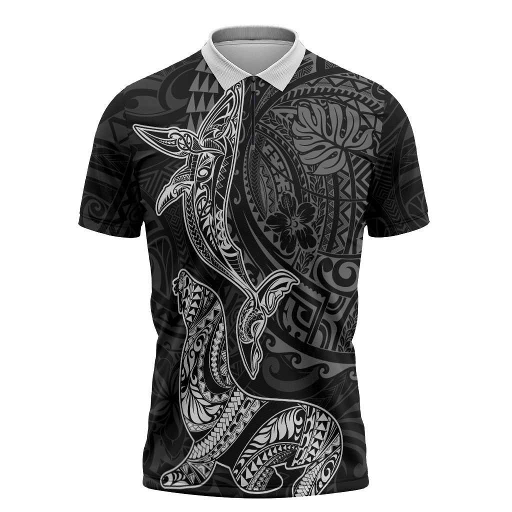 Hawaiian Monk Seal and Whale Zipper Polo Shirt Kakau Tribal Pattern Grayscale LT03 Black - Polynesian Pride
