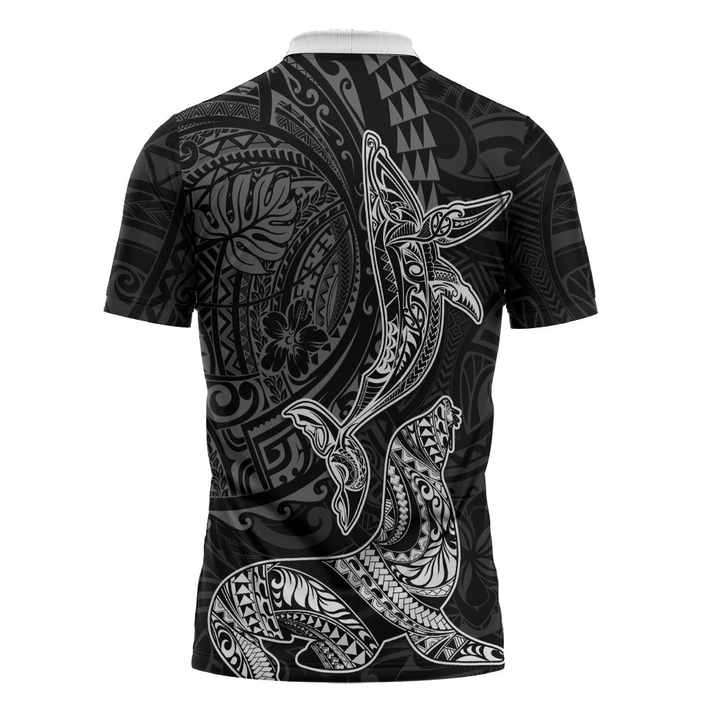 Hawaiian Monk Seal and Whale Zipper Polo Shirt Kakau Tribal Pattern Grayscale LT03 - Polynesian Pride