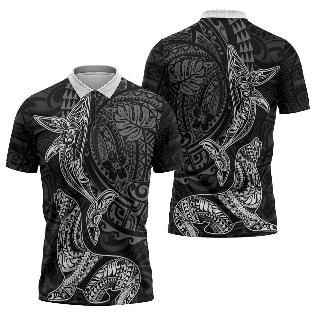 Hawaiian Monk Seal and Whale Zipper Polo Shirt Kakau Tribal Pattern Grayscale LT03 - Polynesian Pride