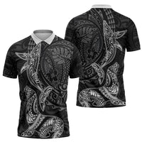 Hawaiian Monk Seal and Whale Zipper Polo Shirt Kakau Tribal Pattern Grayscale LT03 - Polynesian Pride
