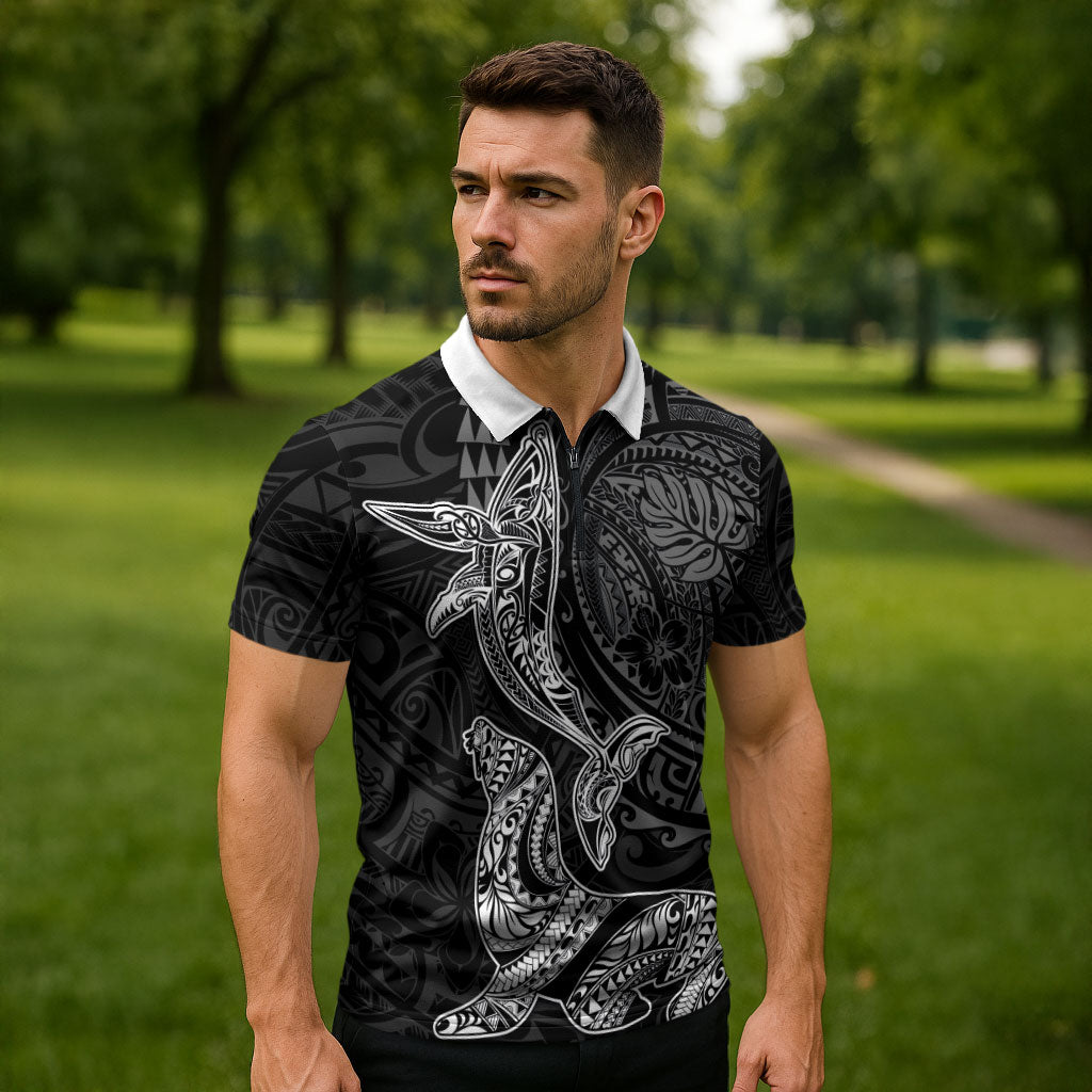 Hawaiian Monk Seal and Whale Zipper Polo Shirt Kakau Tribal Pattern Grayscale LT03 - Polynesian Pride