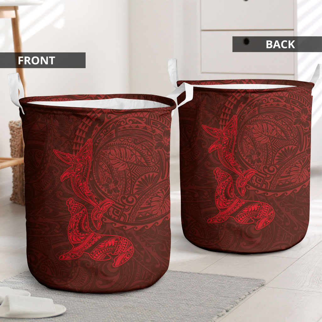 Hawaiian Monk Seal and Whale Laundry Basket Kakau Tribal Pattern Red Color