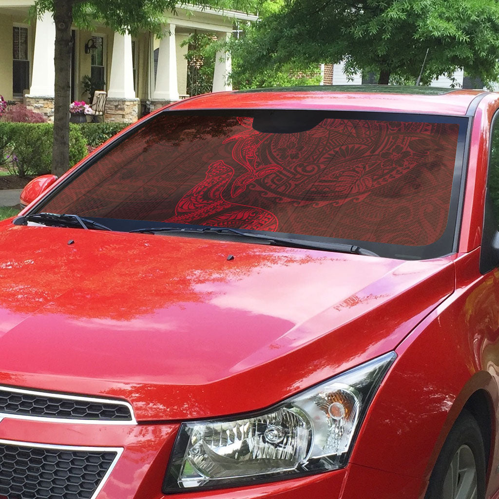 Hawaiian Monk Seal and Whale Auto Sun Shade Kakau Tribal Pattern Red Color LT03 - Polynesian Pride