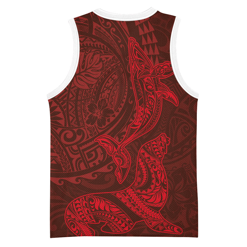 Hawaiian Monk Seal and Whale Basketball Jersey Kakau Tribal Pattern Red Color LT03 - Polynesian Pride