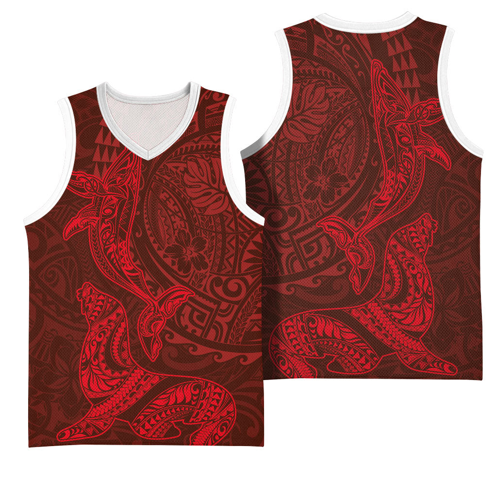 Hawaiian Monk Seal and Whale Basketball Jersey Kakau Tribal Pattern Red Color LT03 - Polynesian Pride