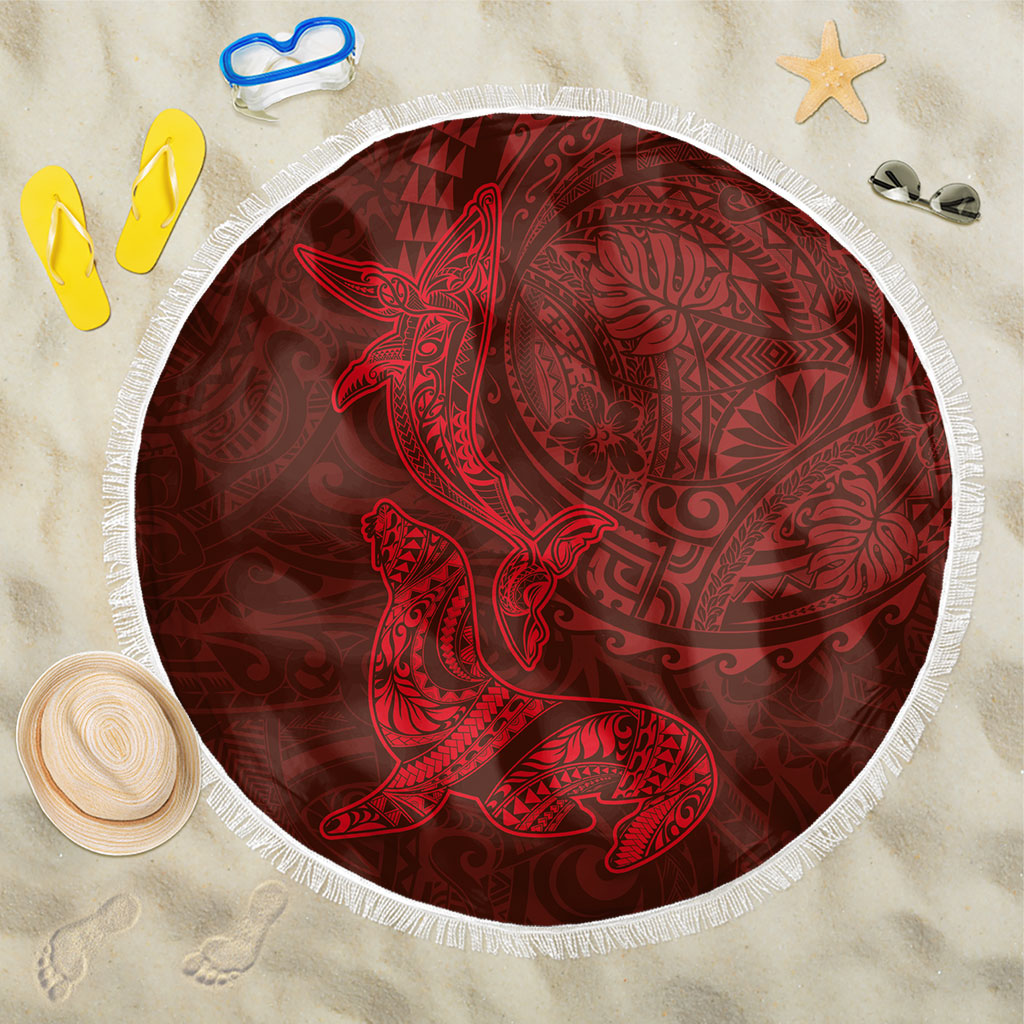 Hawaiian Monk Seal and Whale Beach Blanket Kakau Tribal Pattern Red Color LT03 One Size 150cm Red - Polynesian Pride