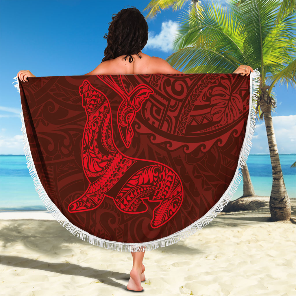 Hawaiian Monk Seal and Whale Beach Blanket Kakau Tribal Pattern Red Color LT03 - Polynesian Pride