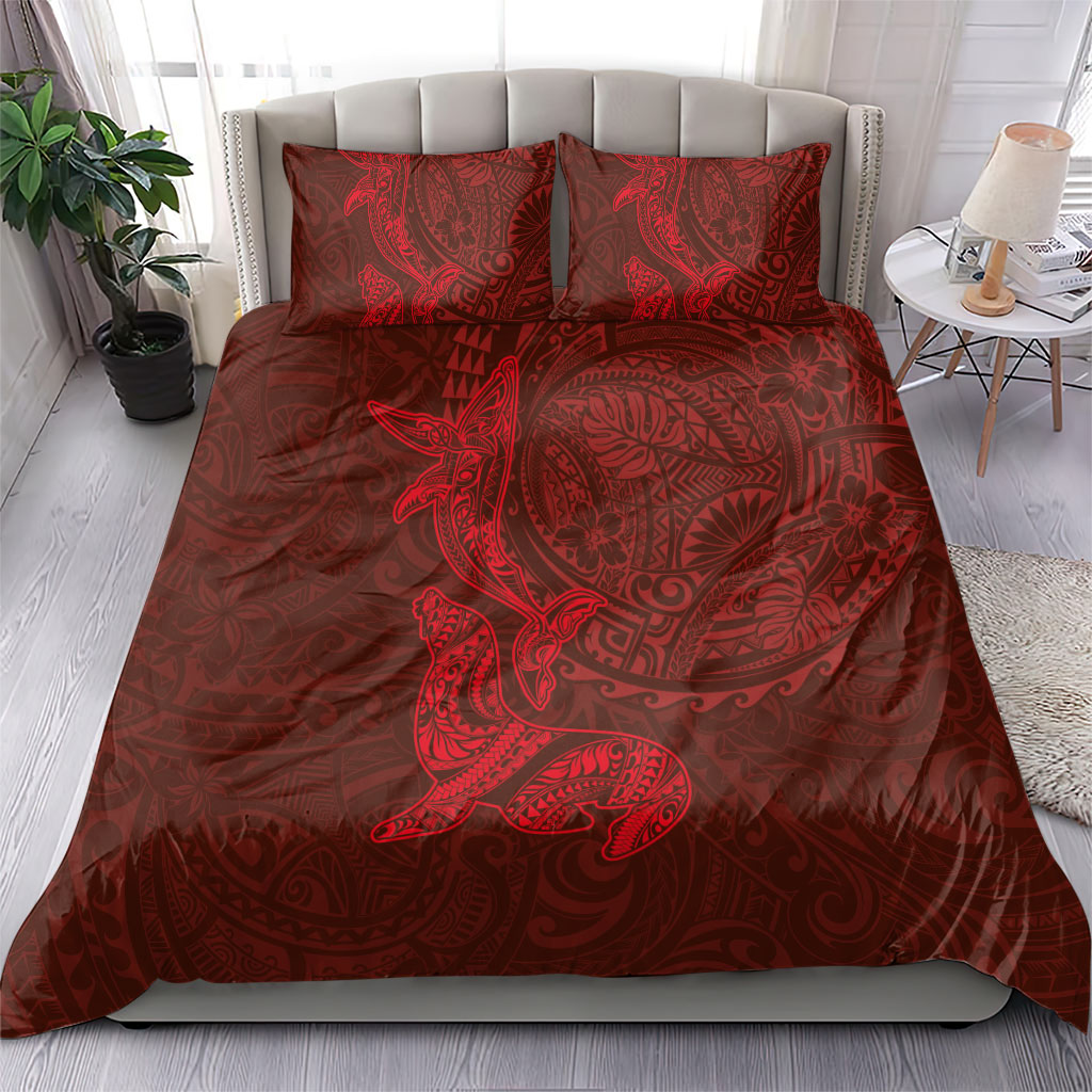 Hawaiian Monk Seal and Whale Bedding Set Kakau Tribal Pattern Red Color LT03 - Polynesian Pride