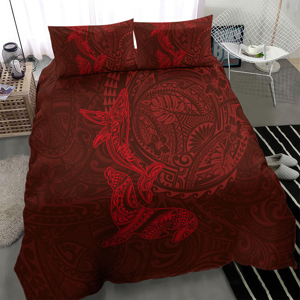 Hawaiian Monk Seal and Whale Bedding Set Kakau Tribal Pattern Red Color LT03 - Polynesian Pride