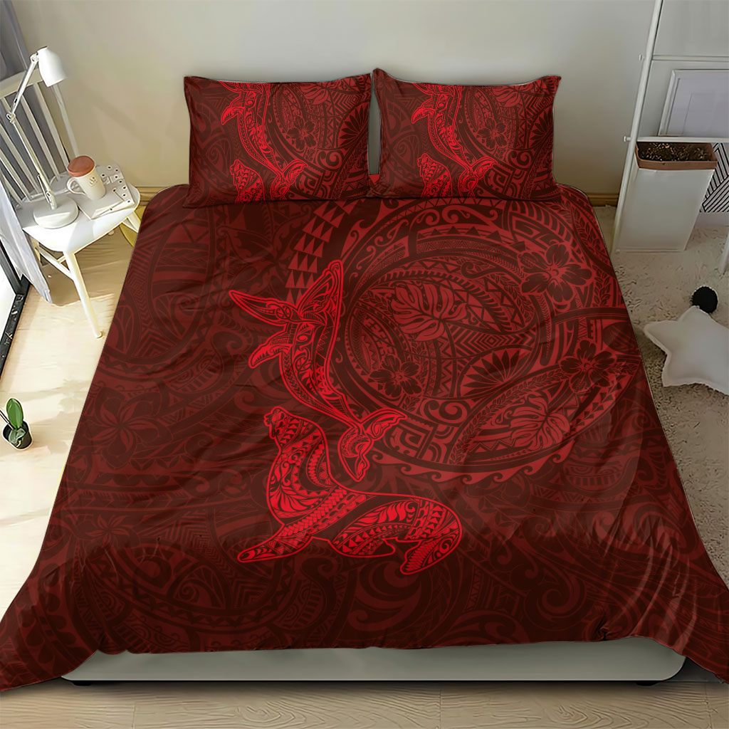 Hawaiian Monk Seal and Whale Bedding Set Kakau Tribal Pattern Red Color LT03 - Polynesian Pride
