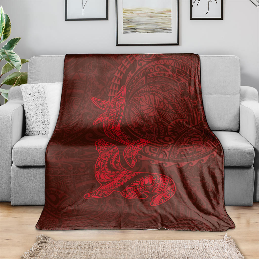 Hawaiian Monk Seal and Whale Blanket Kakau Tribal Pattern Red Color LT03 - Polynesian Pride