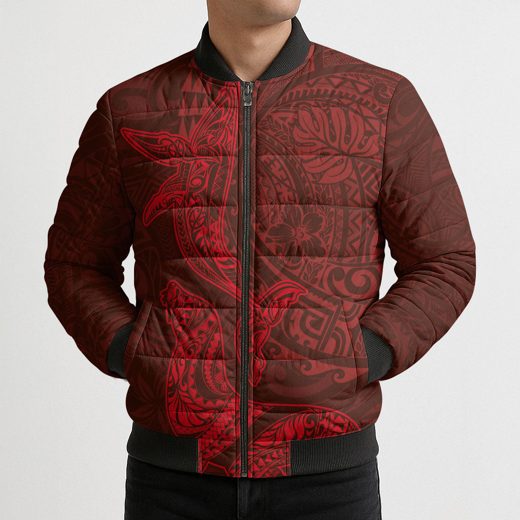 Hawaiian Monk Seal and Whale Bomber Puffer Jacket Kakau Tribal Pattern Red Color LT03 - Polynesian Pride