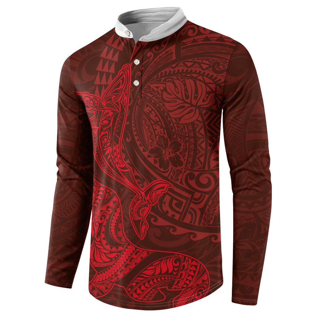 Hawaiian Monk Seal and Whale Button Sweatshirt Kakau Tribal Pattern Red Color LT03 - Polynesian Pride