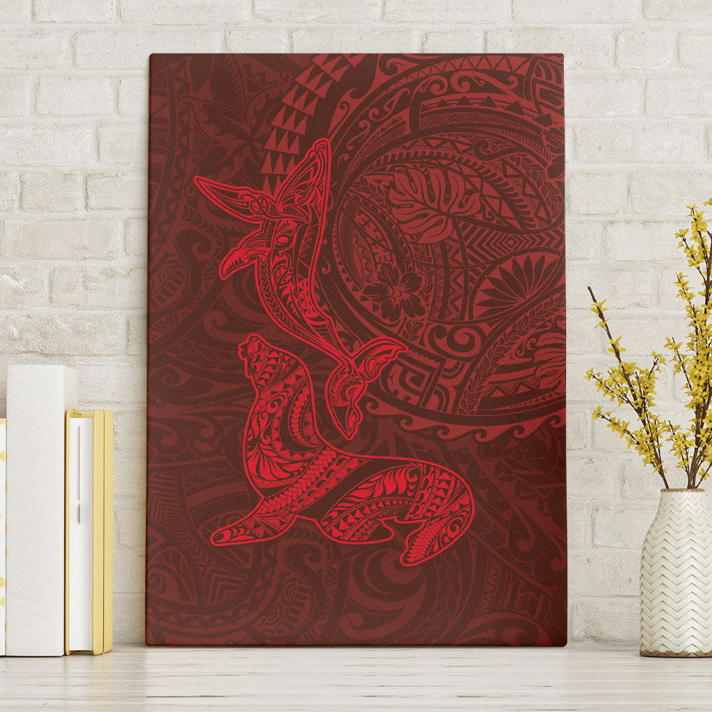 Hawaiian Monk Seal and Whale Canvas Wall Art Kakau Tribal Pattern Red Color LT03 Without Frame Red - Polynesian Pride