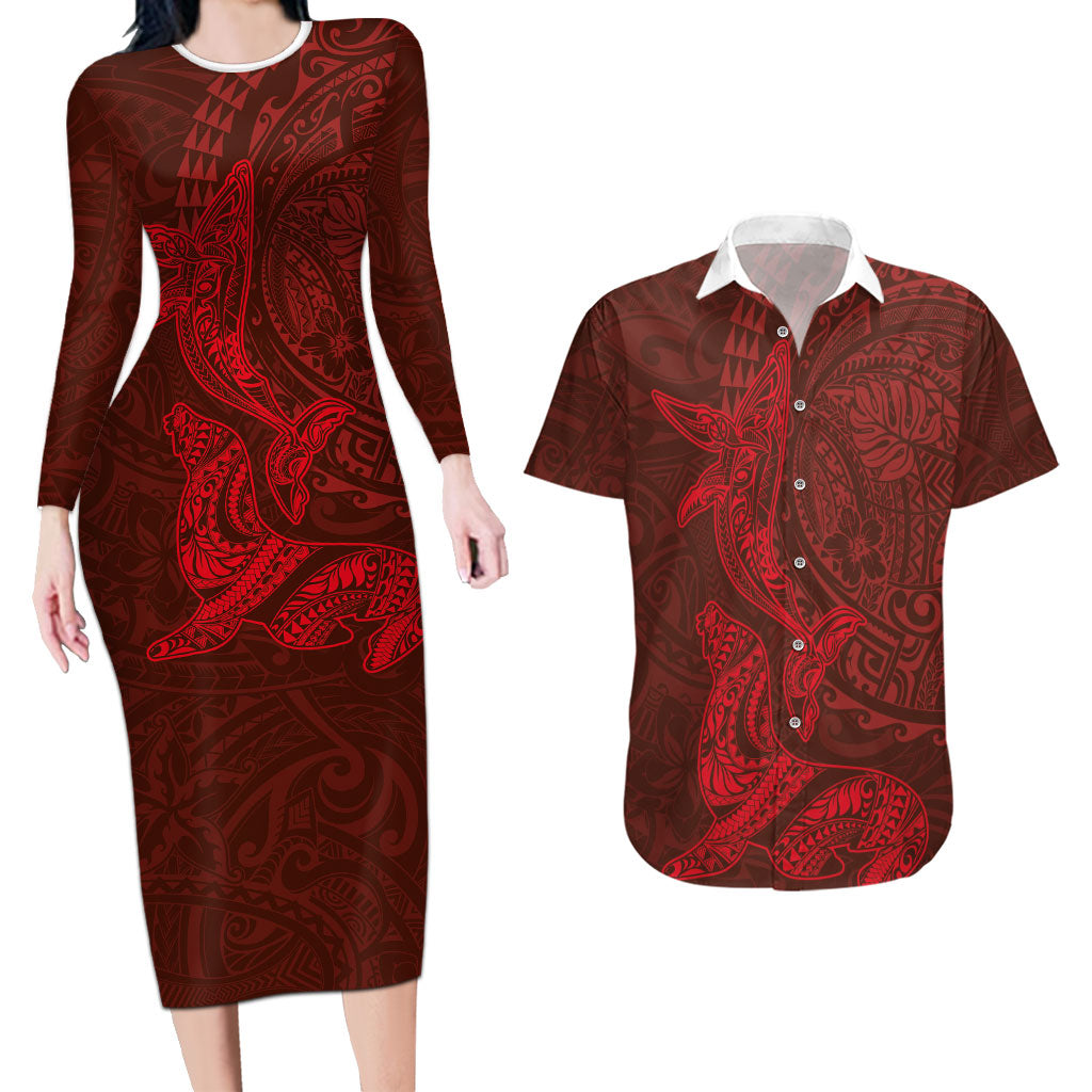 Hawaiian Monk Seal and Whale Couples Matching Long Sleeve Bodycon Dress and Hawaiian Shirt Kakau Tribal Pattern Red Color