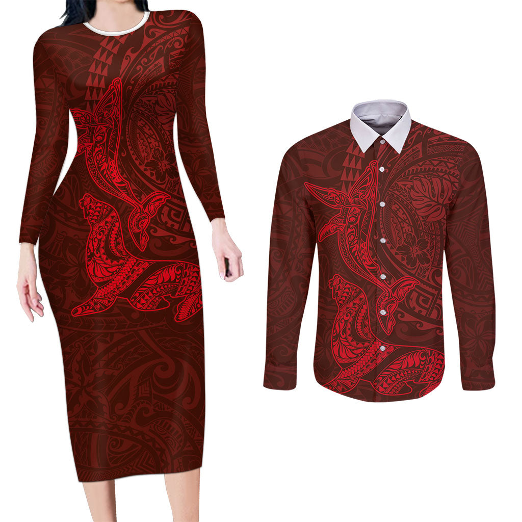 Hawaiian Monk Seal and Whale Couples Matching Long Sleeve Bodycon Dress and Long Sleeve Button Shirt Kakau Tribal Pattern Red Color LT03 Red - Polynesian Pride