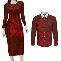 Hawaiian Monk Seal and Whale Couples Matching Long Sleeve Bodycon Dress and Long Sleeve Button Shirt Kakau Tribal Pattern Red Color