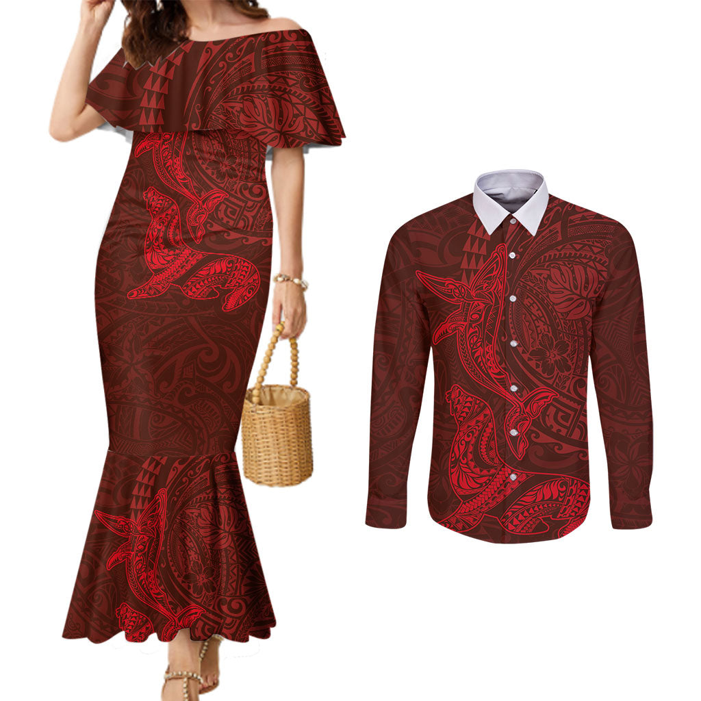 Hawaiian Monk Seal and Whale Couples Matching Mermaid Dress and Long Sleeve Button Shirt Kakau Tribal Pattern Red Color LT03 Red - Polynesian Pride
