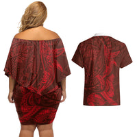 Hawaiian Monk Seal and Whale Couples Matching Off Shoulder Short Dress and Hawaiian Shirt Kakau Tribal Pattern Red Color