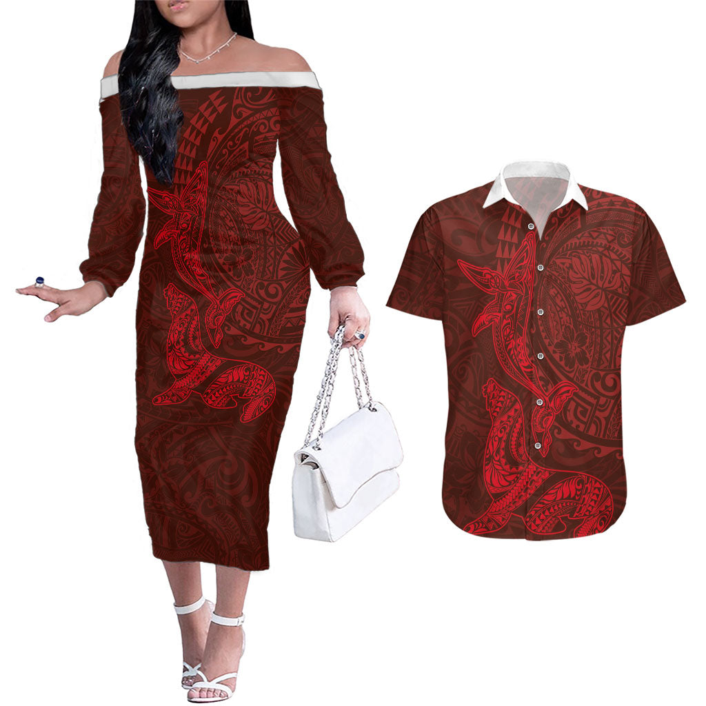 Hawaiian Monk Seal and Whale Couples Matching Off The Shoulder Long Sleeve Dress and Hawaiian Shirt Kakau Tribal Pattern Red Color