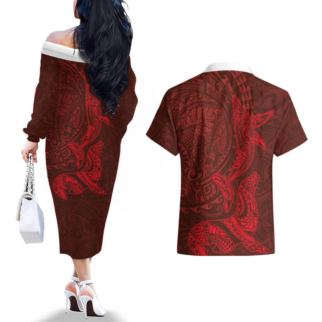 Hawaiian Monk Seal and Whale Couples Matching Off The Shoulder Long Sleeve Dress and Hawaiian Shirt Kakau Tribal Pattern Red Color
