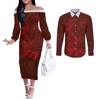 Hawaiian Monk Seal and Whale Couples Matching Off The Shoulder Long Sleeve Dress and Long Sleeve Button Shirt Kakau Tribal Pattern Red Color