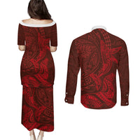 Hawaiian Monk Seal and Whale Couples Matching Puletasi and Long Sleeve Button Shirt Kakau Tribal Pattern Red Color LT03 - Polynesian Pride