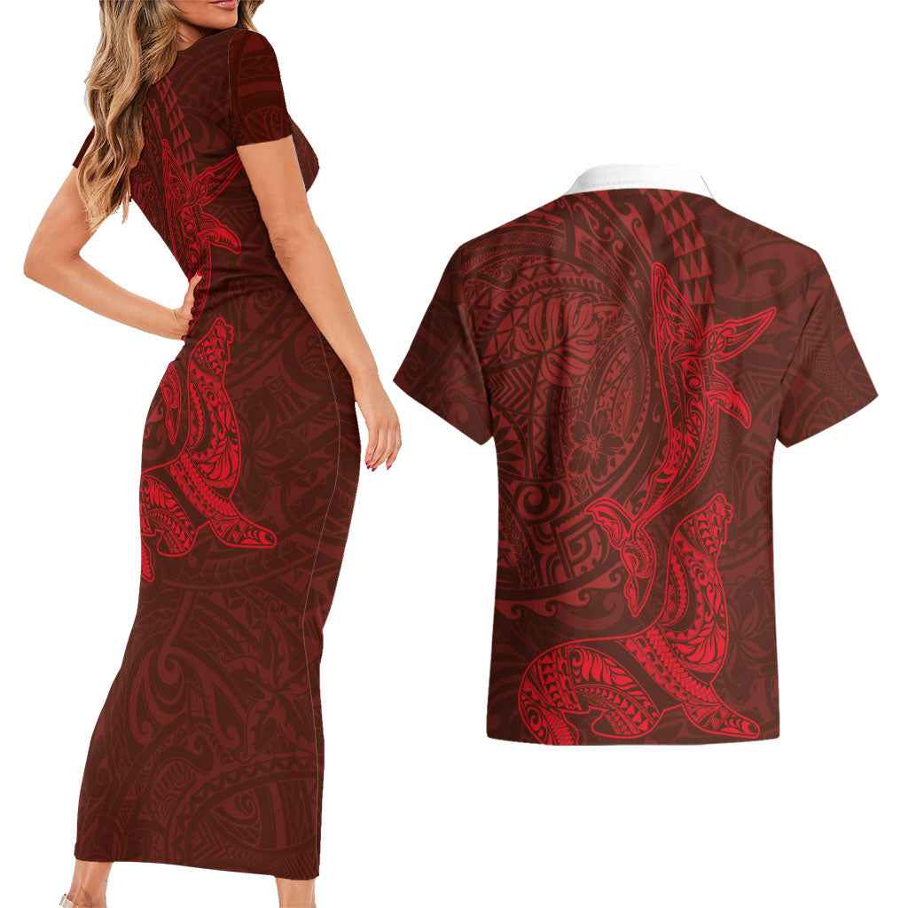 Hawaiian Monk Seal and Whale Couples Matching Short Sleeve Bodycon Dress and Hawaiian Shirt Kakau Tribal Pattern Red Color