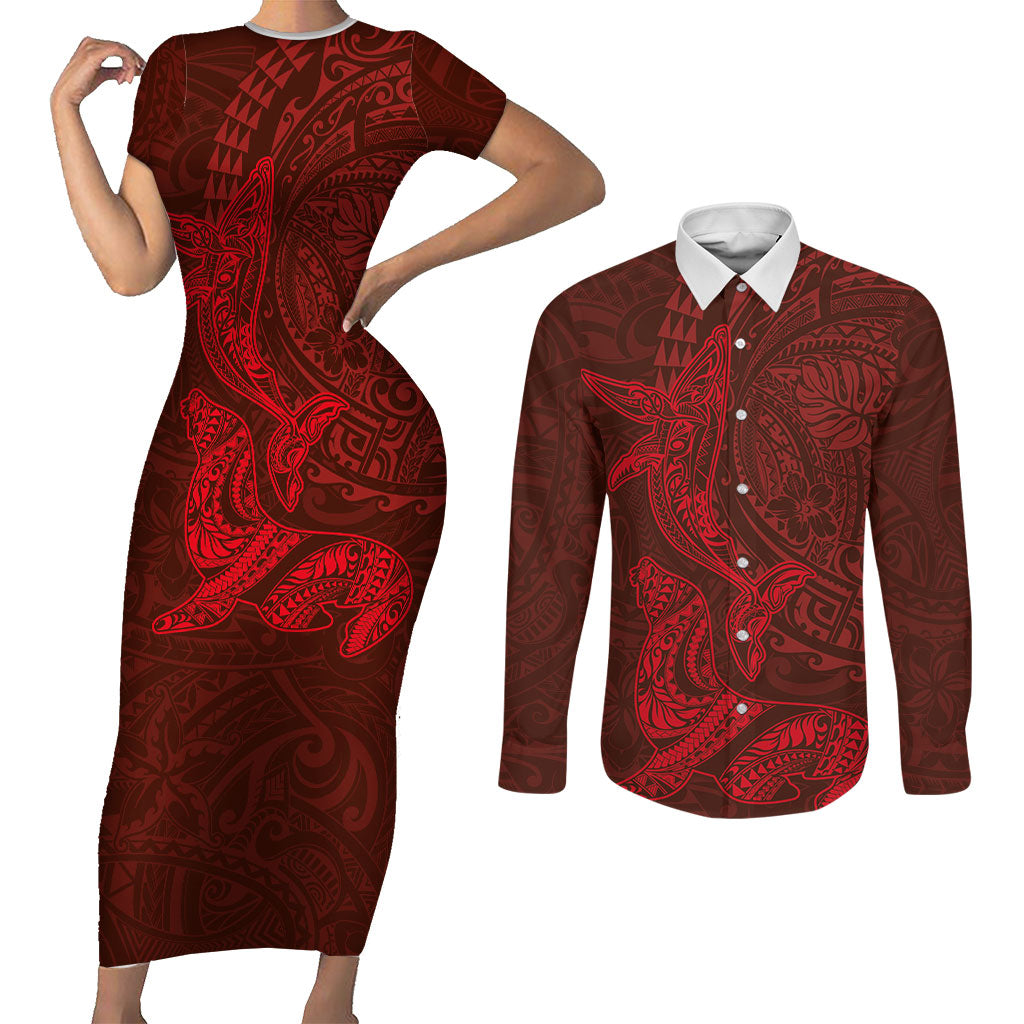 Hawaiian Monk Seal and Whale Couples Matching Short Sleeve Bodycon Dress and Long Sleeve Button Shirt Kakau Tribal Pattern Red Color LT03 Red - Polynesian Pride