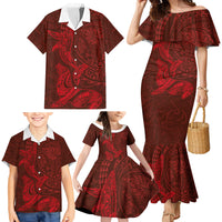 Hawaiian Monk Seal and Whale Family Matching Mermaid Dress and Hawaiian Shirt Kakau Tribal Pattern Red Color